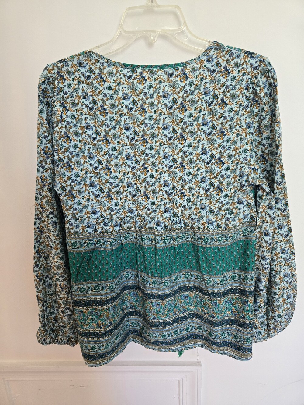 Bohemian Green Patterned Peasant Blouse With Puff Sleeves & Tassels V-neck SML - Picture 8 of 9